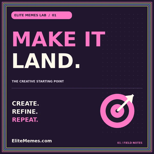 Neon MAKE IT LAND. typography card with an original target illustration and EliteMemes.com pinstripe frame.